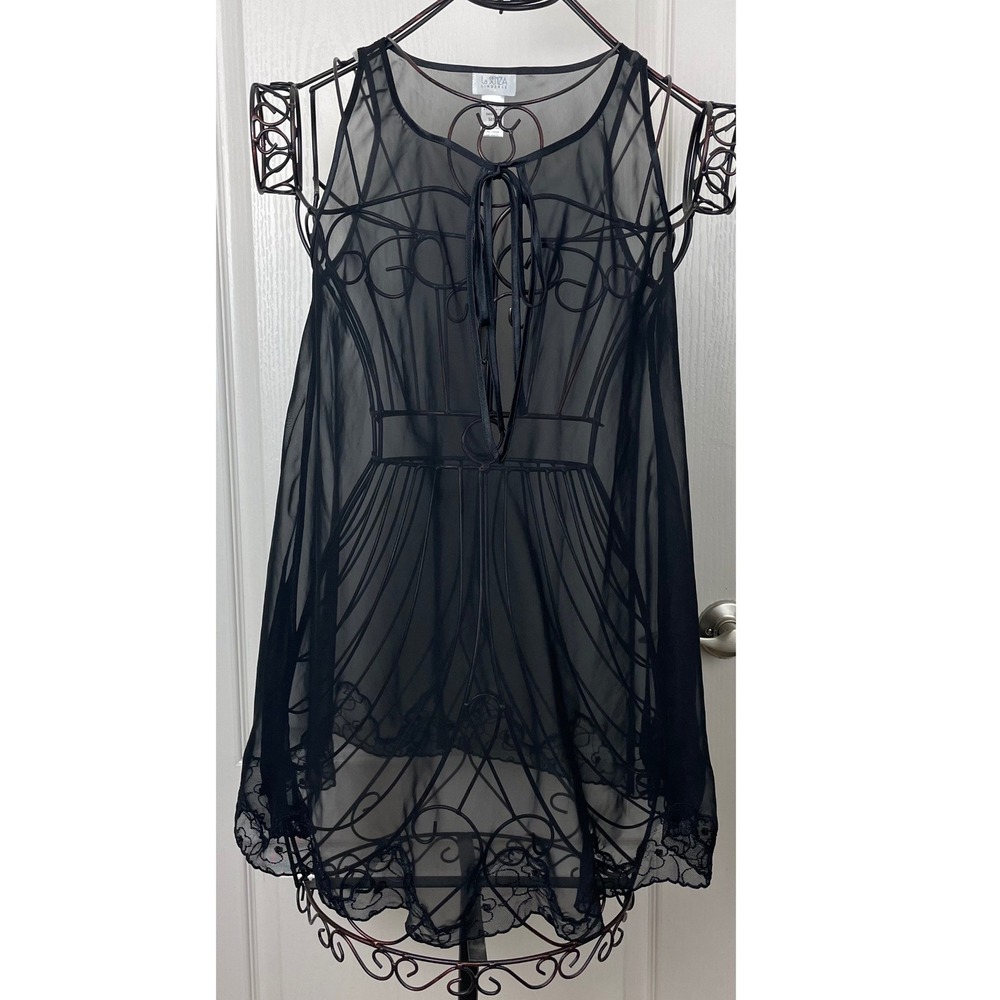 Vintage La Senza Lingerie Black Sheer Mesh Babydoll Lace Trim Medium Sexy Y2K